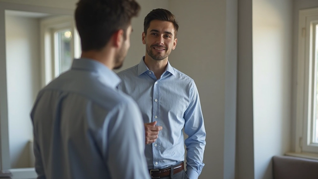 Man oefent sprekertechniek voor spiegel met zelfbewuste houding