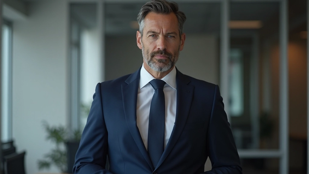 Professionele man staat rechtop met open schouders en zelfbewuste houding in kantoorsetting