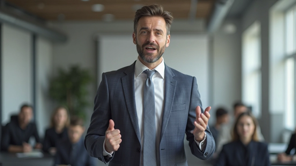 Professionele trainer toont correct sprekingsstandpunt met houding demonstratie