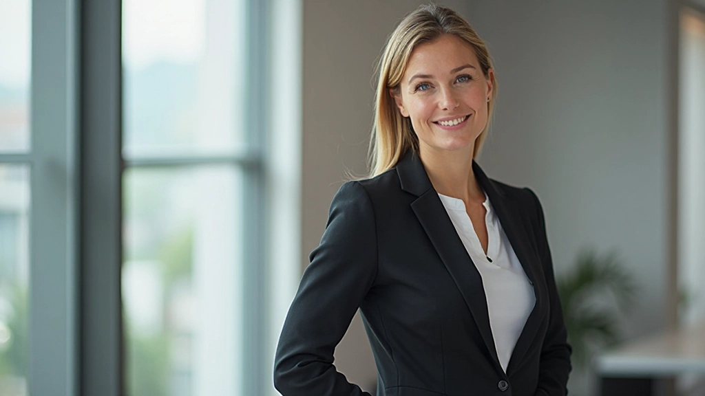 Professionele vrouw staat zelfbewust met open houding in modern kantoor, natuurlijk licht