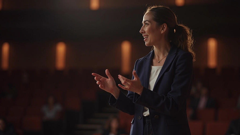 Professionele vrouw geeft presentatie op podium met zelfvertrouwen