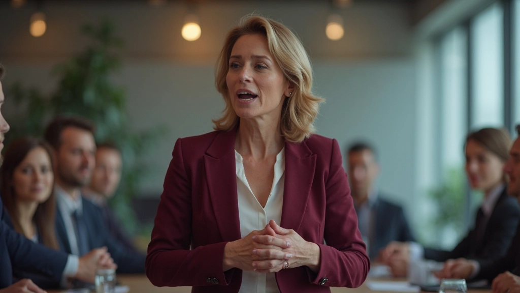 Professionele vrouw in vergadering spreekt met duidelijke communicatie