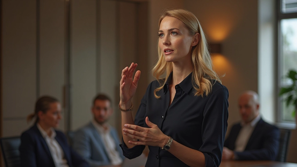 Vrouwelijke spreker gebaren gebruiken om punt te illustreren in presentatie setting